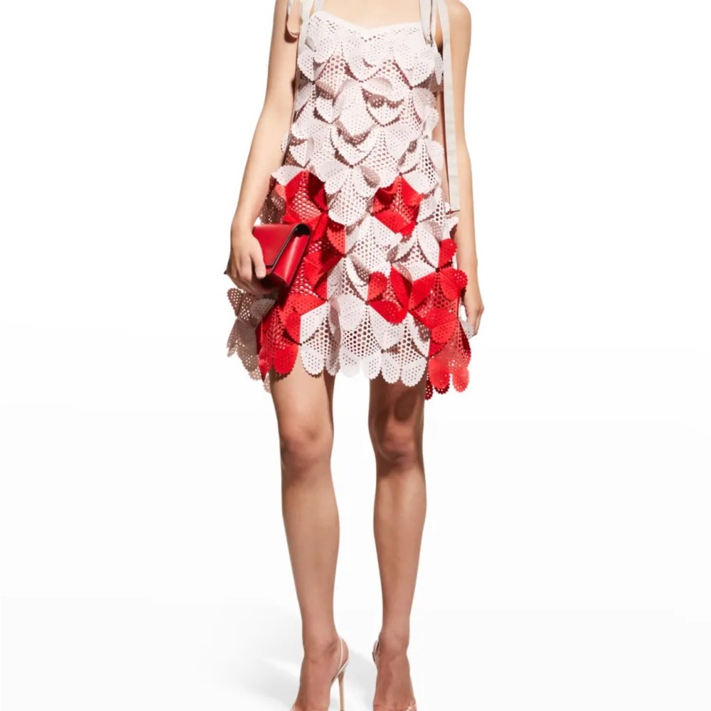 PASKAL Red and White Asymmetrical Ruffled Mini Dress
